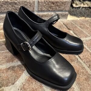 Steve Madden Lisbon Womens Mary Jane Loafer Leather Heels Black Size 6.5 #410